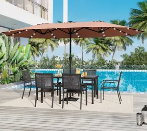 15-foot Rectangular Crank Double-sided Outdoor Market Umbrella Solar LED Lighted Patio Umbrella with Base Included