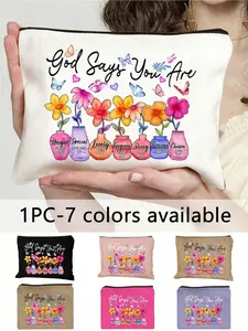 1pc Inspirational Christian Makeup Bag | "God Says You Are Unique" Religious Cosmetic Pouch With Floral Bible Verse Prints | Zippered Portable Multi-Functional Travel Organizer | Multi-Color |Suitable For Everyday Use,