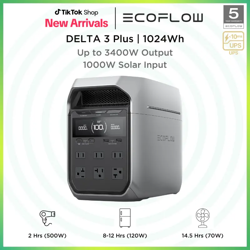 ECOFLOW DELTA 3 Plus with 220W Solar Panel, Solar Charging, LiFePO4 Battery, 1800W AC/100W USB-C Output