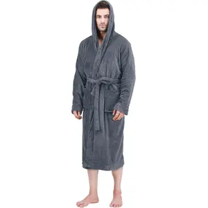 Men's Hooded Fleece Bathrobe Plush Long Robe