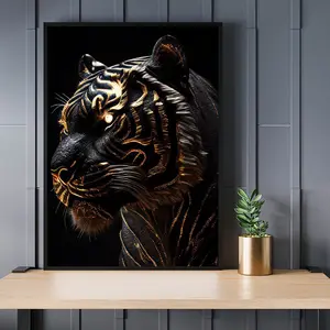 Black Tiger with Golden Accents Canvas Wall Art Poster Creative Animal Canvas Painting for Home Bedroom Office Cafe Decor Frameless Design Ornaments Decoration Artistic