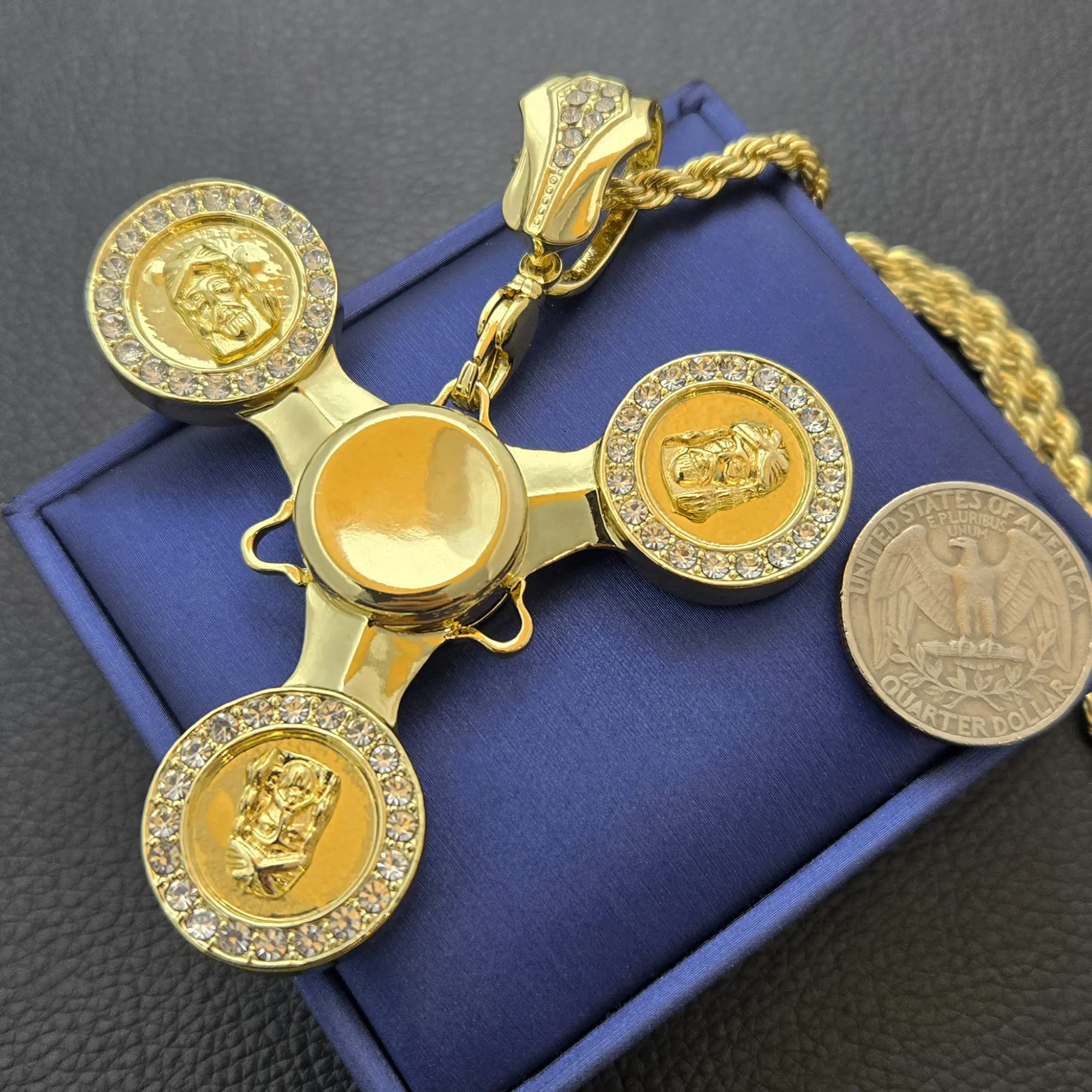 MaxBling81 Gold Plated Jesus Head Spinner Pendant with 4mm 30-Inch Rope Chain, Hip Hop Fashion Costume Jewelry Accessory, Chain Jewelry Necklaces