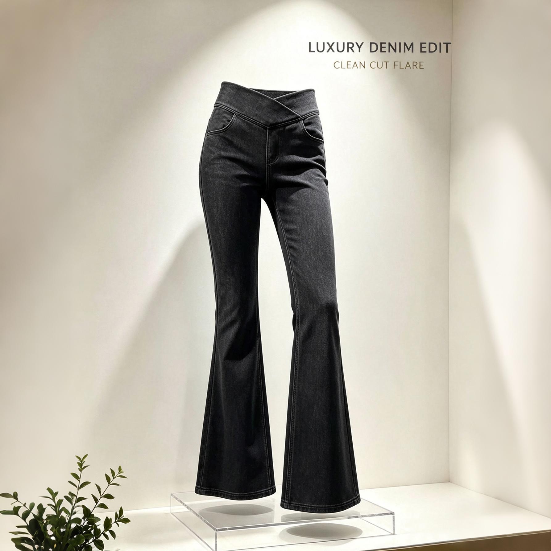Women's Minimalist Basic Stretchy Crossover Elastic Waist Pull-On Flare Jeans with Pockets, Sport Outdoor Yoga Denim Jeggings