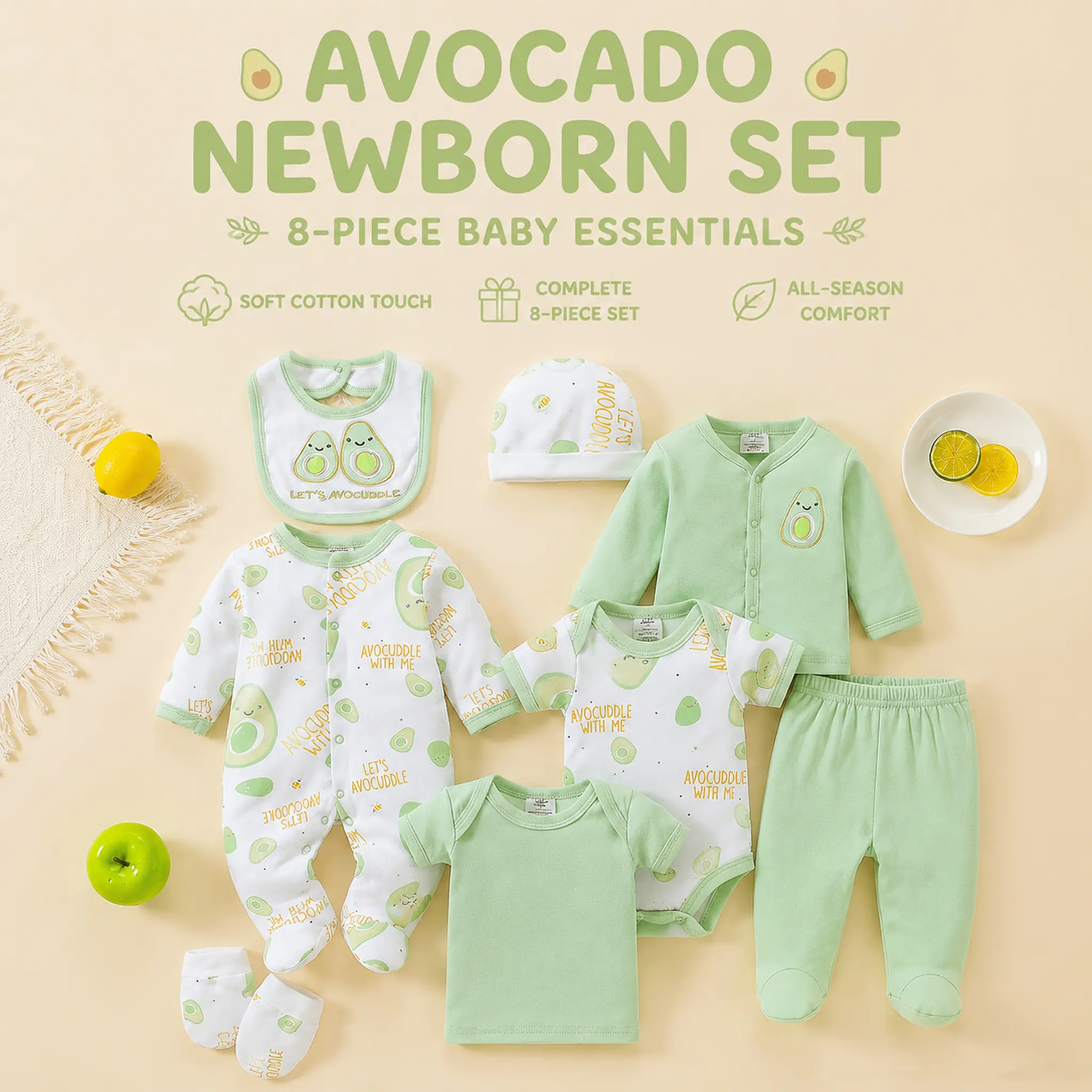 Avocado Newborn Baby Clothes Set 8-Piece Soft Cotton Baby Essentials  Coming Home Outfit Unisex 0-9M
