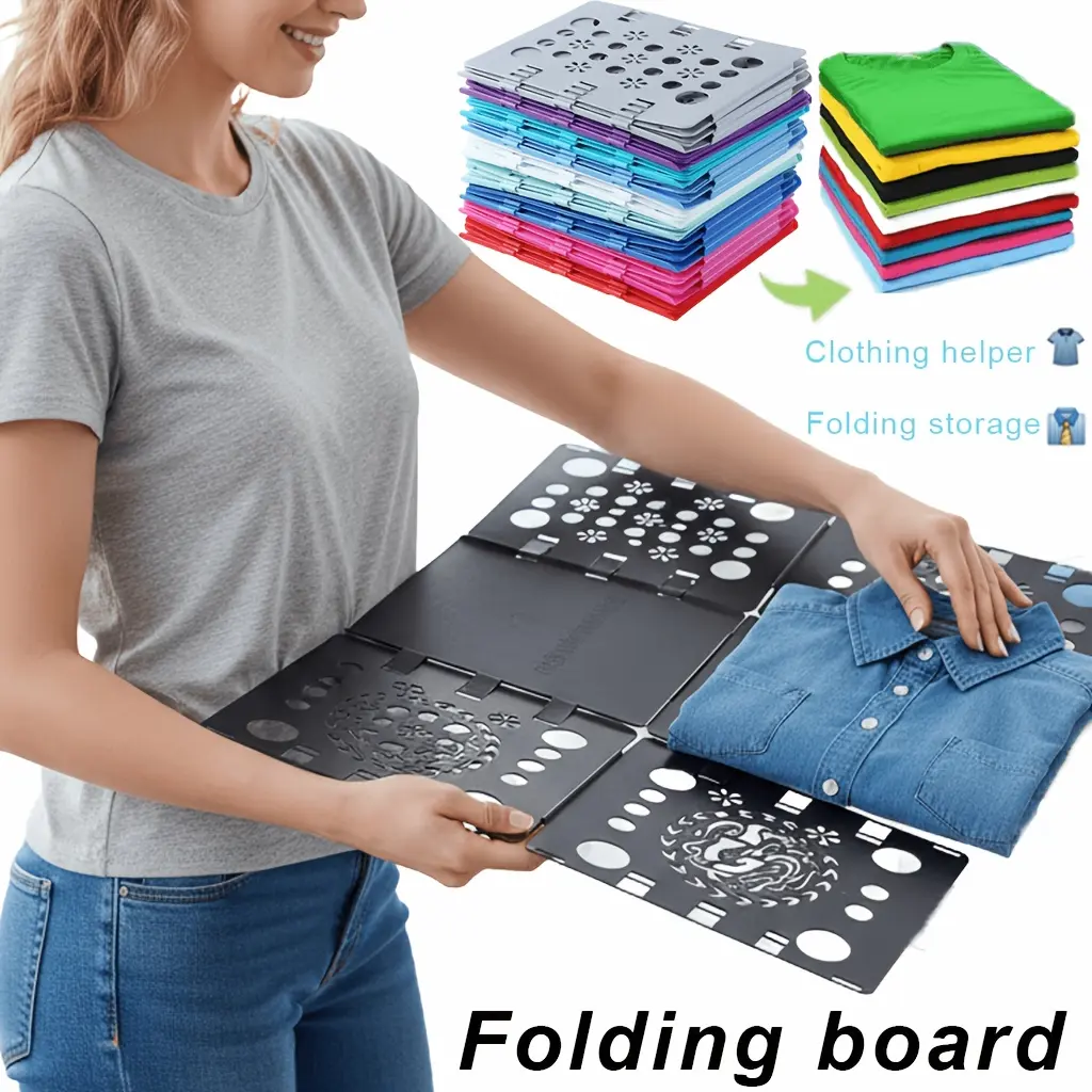 A Convenient Folding Board for Quick Clothing Storage, Made of Durable Plastic with Vibrant Patterns. Its Space-Saving Design Allows for Efficient Organization of Clothes