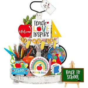 Back To School Themed Tiered Tray Decor, 15pcs/set School Themed Tiered Tray Decor, Home Decor for School, Teacher Appreciation Gift