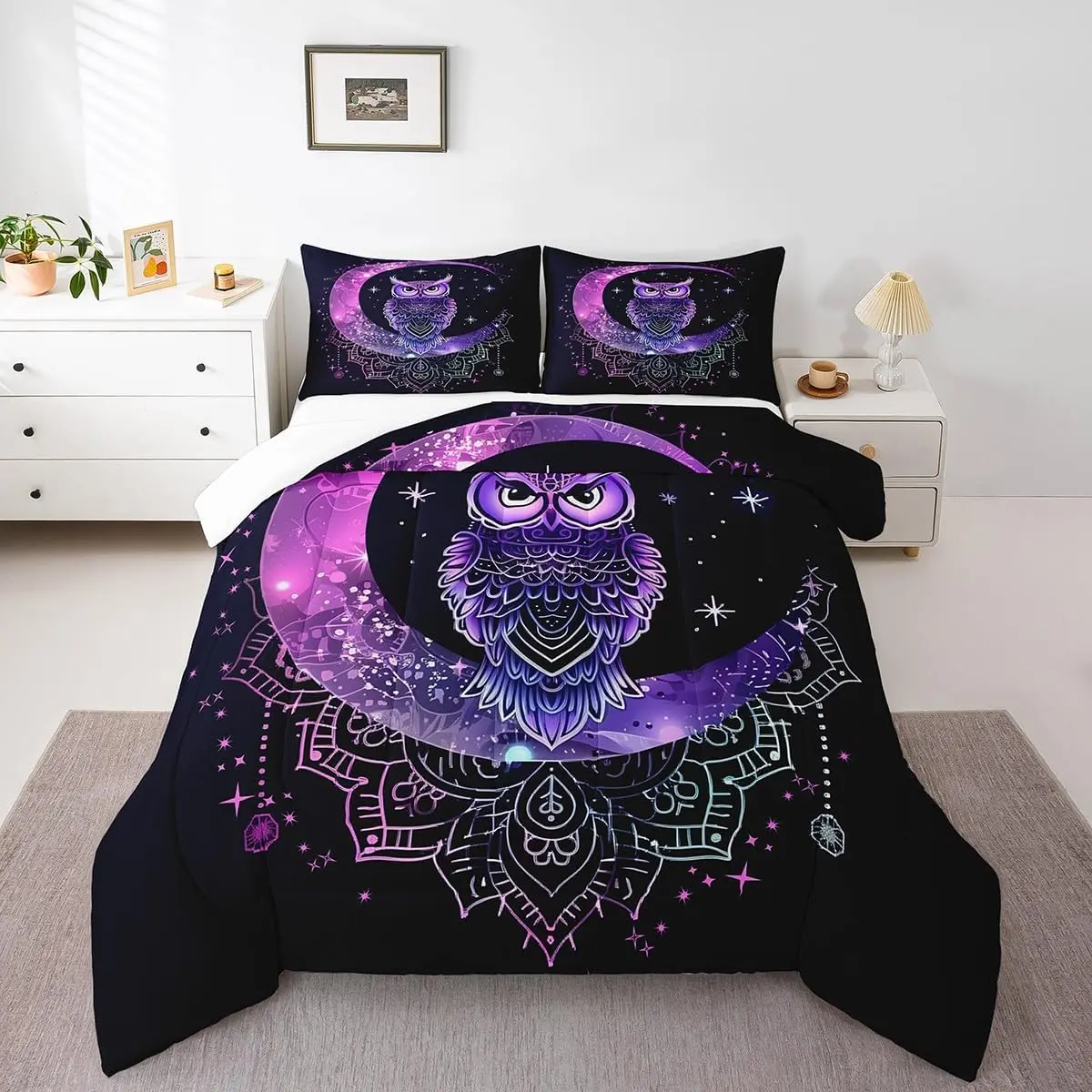 Boho Owl Comforter Set,Dreamcatcher Bedding Set for Adults,Purple Galaxy Comforter Luxury Stars Moon Quilt Set Room Decor