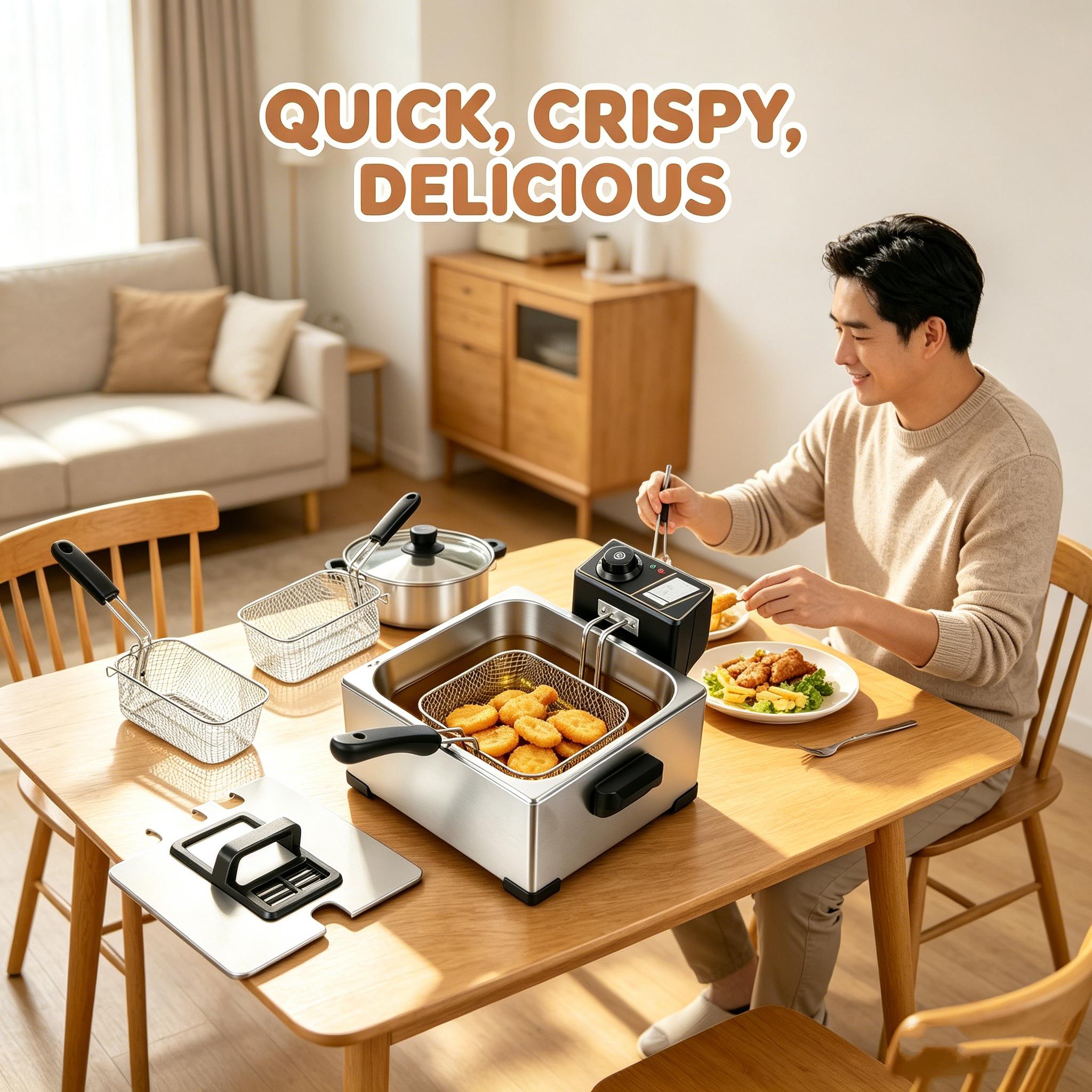 3PCS Family & Commercial Stainless Steel Deep Fryer, 5L Large Capacity, 1400W with View Window, Triple Baskets Countertop Frying Machine for Home Kitchen Restaurant Fried Chicken Fries Donuts Snacks