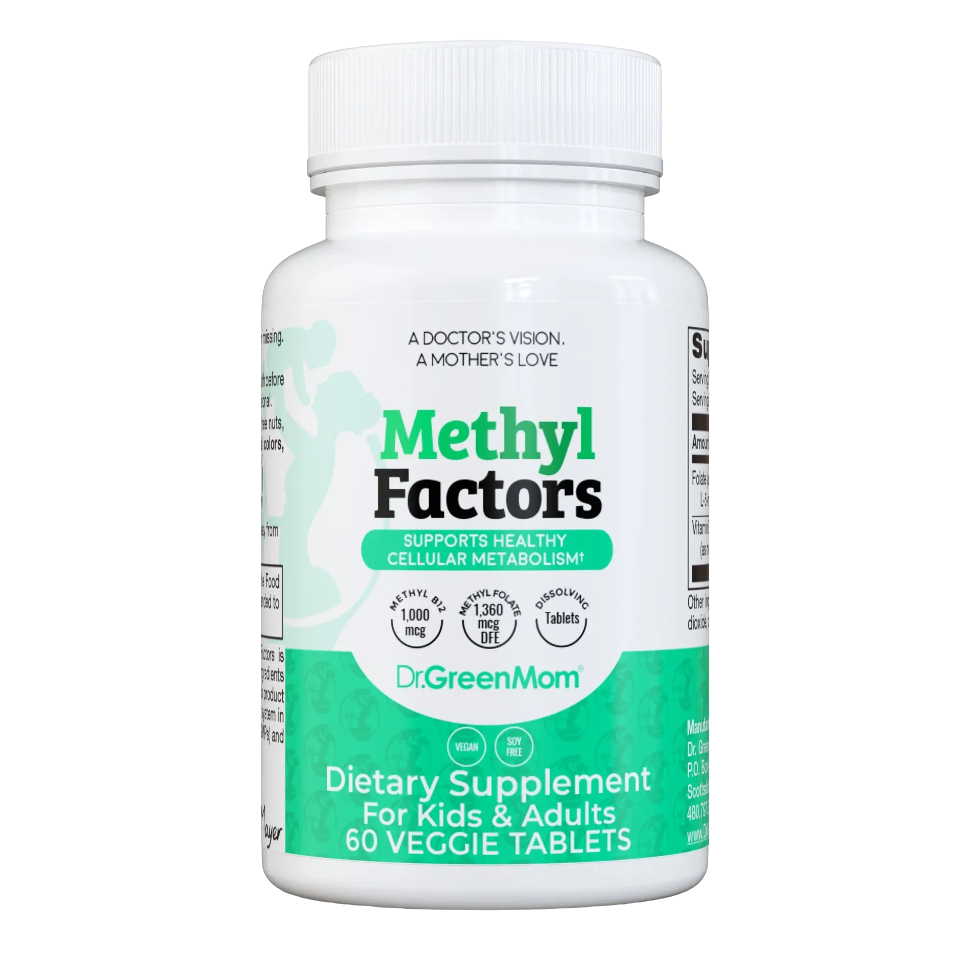 Dr. Green Mom Methyl Factors Dissolving Veggie Tablets - Methyl B12 & Folate Supplement - Cellular Metabolism Support - 60 Count for Kids & Adults