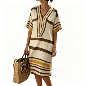 Women’s summer trendy striped print dress with a casual V-neck and loose fit—perfect for short trips and photo outings.