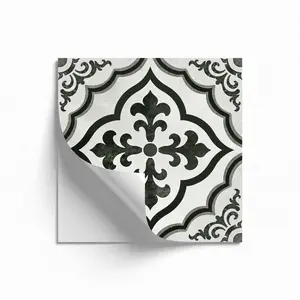 Pack of 10 Moroccan Floral Peel and Stick Floor Tiles | Vintage Black & White Cement Tile Style Vinyl Floor Decals | Waterproof Non-slip Removable Flooring for Kitchen Bathroom Home Decor