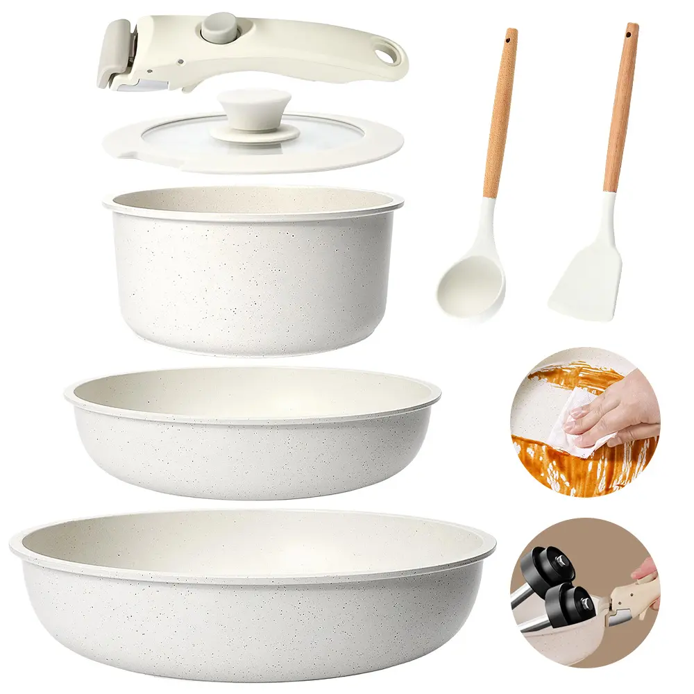 Detachable Handle Non-Stick Cookware Set with Lids - PFAS-Free Ceramic Coating, Off-White, 1-Second Lock Handle, Stackable Space-Saving, Induction Compatible, Oven-Safe, Includes Silicone Utensils (Back-to-School Steel Pans Kit)