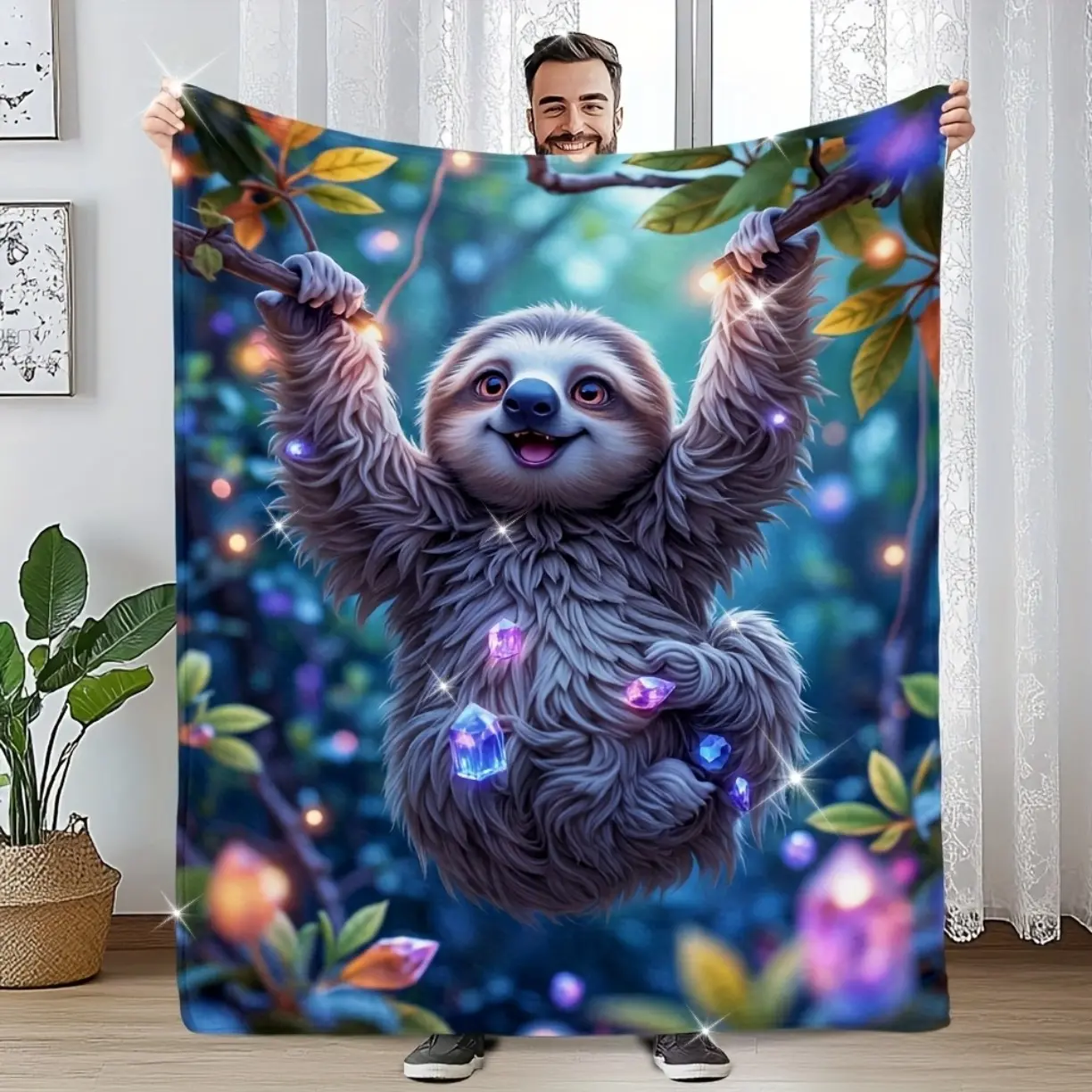 1pc Cozy Mystical Sloth Printed Throw Blanket - Plush and Comfortable, Vibrant Sloth & Fairy Lights Design, Perfect for Couch, Bed, Office, Camping, and Travel - Ideal Multi-Purpose Gift, Camping Accessory | Whimsical Design