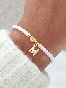 Women's Zircon Heart Letter Bracelet, Faux Pearl Beaded Chain Design, Classic Fashion Jewelry Accessory for All Occasions, High Quality Bracelet, Beaded Bracelets, Classic Wrist Accessory