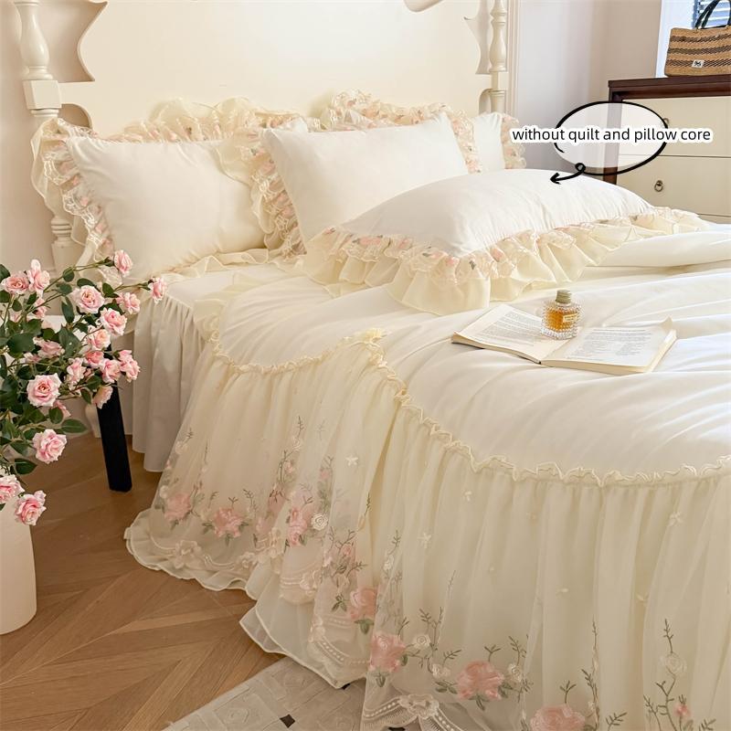 3pcs Korean Lace Trim Embroidered Quilt Cover and Pillowcases Set, Soft Bedding Set, Elegant Dorm Room Decor for Cozy Nights #TOP PICKS