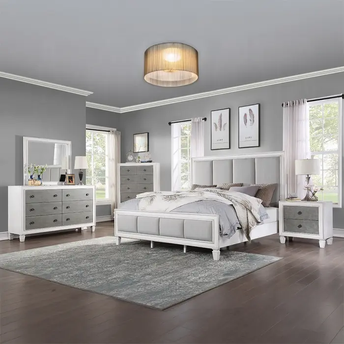 Acme BD00660-4PC Astoria Grand Katia Queen Bedroom Set - Weathered Light Gray & White Wood, Linen, Bed, Nightstand, Dresser, Mirror, Indoor Furniture Set, Assembly Required