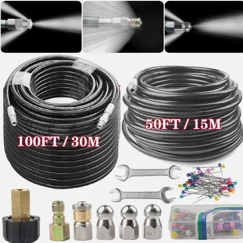 Sewer Jetter Nozzles Kit with 50ft/100ft 5800 PSI Heavy-Duty Hose, 5800 PSI Force Pressure Washer Spray Nozzle - Industrial Home Improvement Watering Equipment, Sewer Cleaning Tool Upgrade