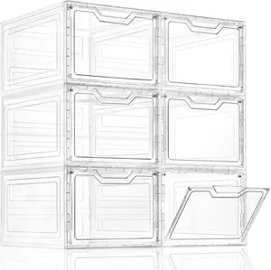 Freebat 6 Pack Clear Stackable Plastic Storage Bins with Lids Magnetic Doors for Closet Organizers and Storage 19 Quart Capacity PP PET Material Tool-Free Assembly