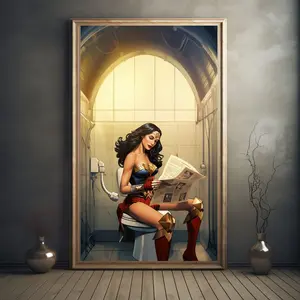 wonder woman,restroom wall art, humorous poster, , toilet humor, funny bathroom sign, justice league, toilet art Unframed