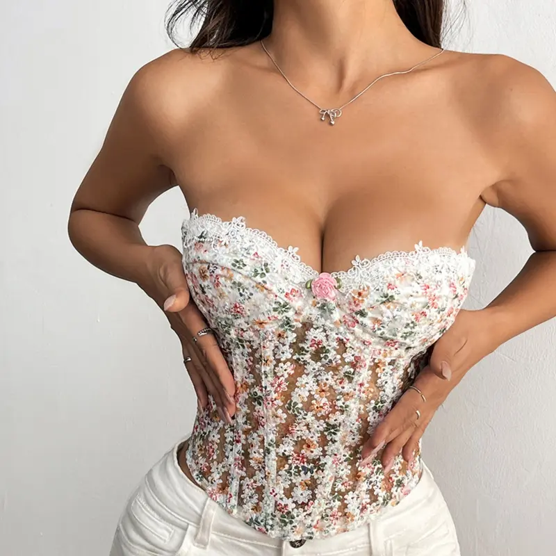 Sexy Floral Embroidered Braided Top, Bandeau Cropped Sleeveless Strapless Tops, Tight-Fitting Transparent String Bikini Top, Fitted Tank, 70176 Model, Perfect for Bold Looks