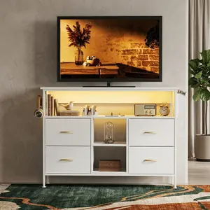 50" TV Stand with Power Outlet, 4-Drawer Fabric Storage Tower Dresser, Entertainment Center with Open Shelf, TV Console for Bedroom/Living Room Storage