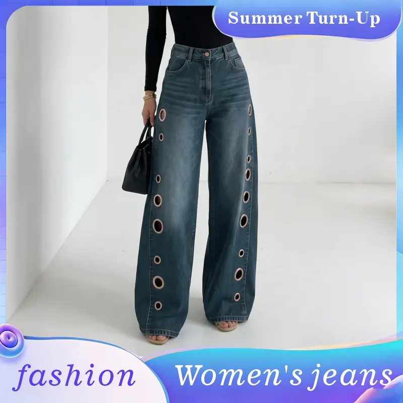 Women’s high-waisted wide-leg jeans — casual, loose, relaxed fit denim pants with metal chicken eye cutout design; retro Y2K street style; everyday outdoor fashion casual trousers Womenswear Bottom Streetwear