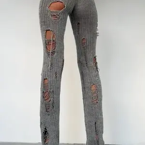 Women's Plain Slim-Fitting Ripped Knit Long Pants, Sexy Street Style Drop Waist Elastic Waist, Fashion Creative Hollow Out Design, Womenswear