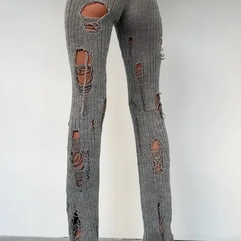 Women's Plain Slim-Fitting Ripped Knit Long Pants, Sexy Street Style Drop Waist Elastic Waist, Fashion Creative Hollow Out Design, Womenswear, Casual Fashion Pants, Bottom Pants