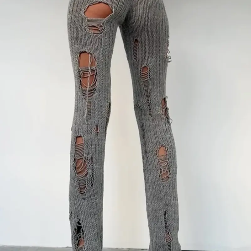 Women's Plain Slim-Fitting Ripped Knit Long Pants, Sexy Street Style Drop Waist Elastic Waist, Fashion Creative Hollow Out Design, Womenswear, Casual Fashion Pants, Bottom Pants