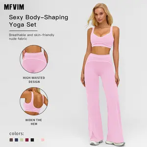 MFVIM Women’s Two-Piece Sports Set – High-Waisted Yoga Pants with Tummy Control and Micro Flare, Premium Contrast Color Design for Running and Everyday Wear