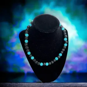 Handcrafted beaded necklace teal and black