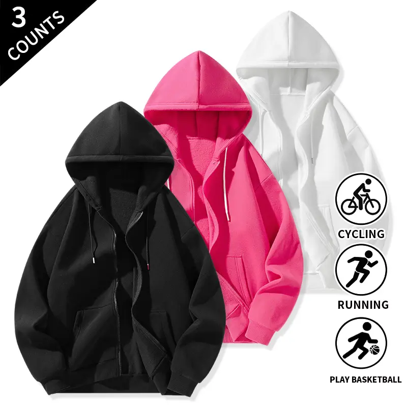3-Pack Minimal Plain Full-Zip Hoodie Jackets for Men — Oversized, Lightweight Sweatshirts/Coats, Casual Skater & Hip Hop Style, All-Season Athletic Outer Tops