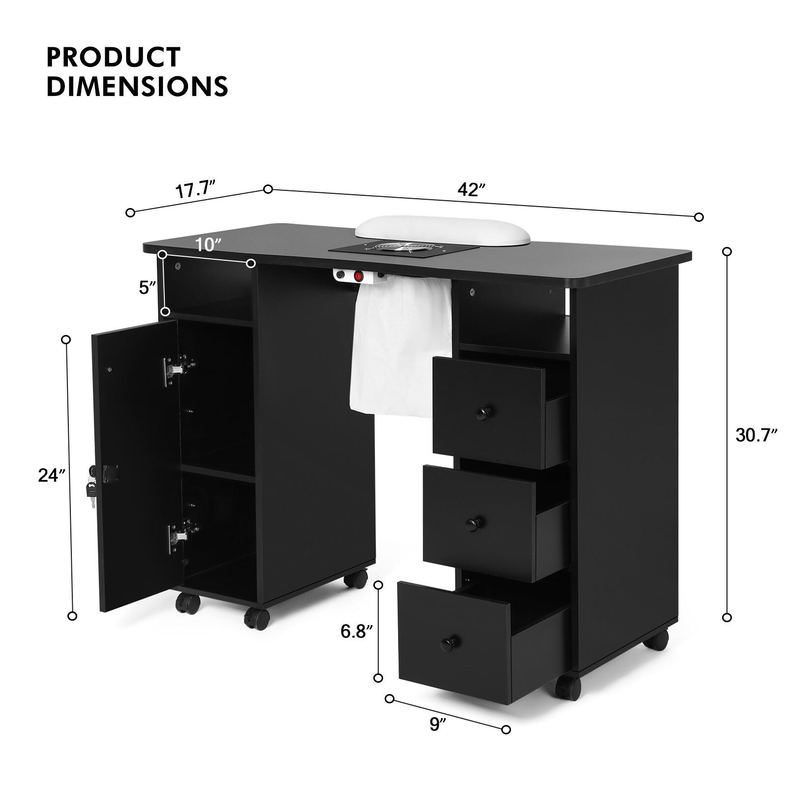 Nail Beauty Manicure Desk with Electric Downdraft Vent Wrist Cushion Lockable Wheels Storage Drawers & Wooden Handle Black