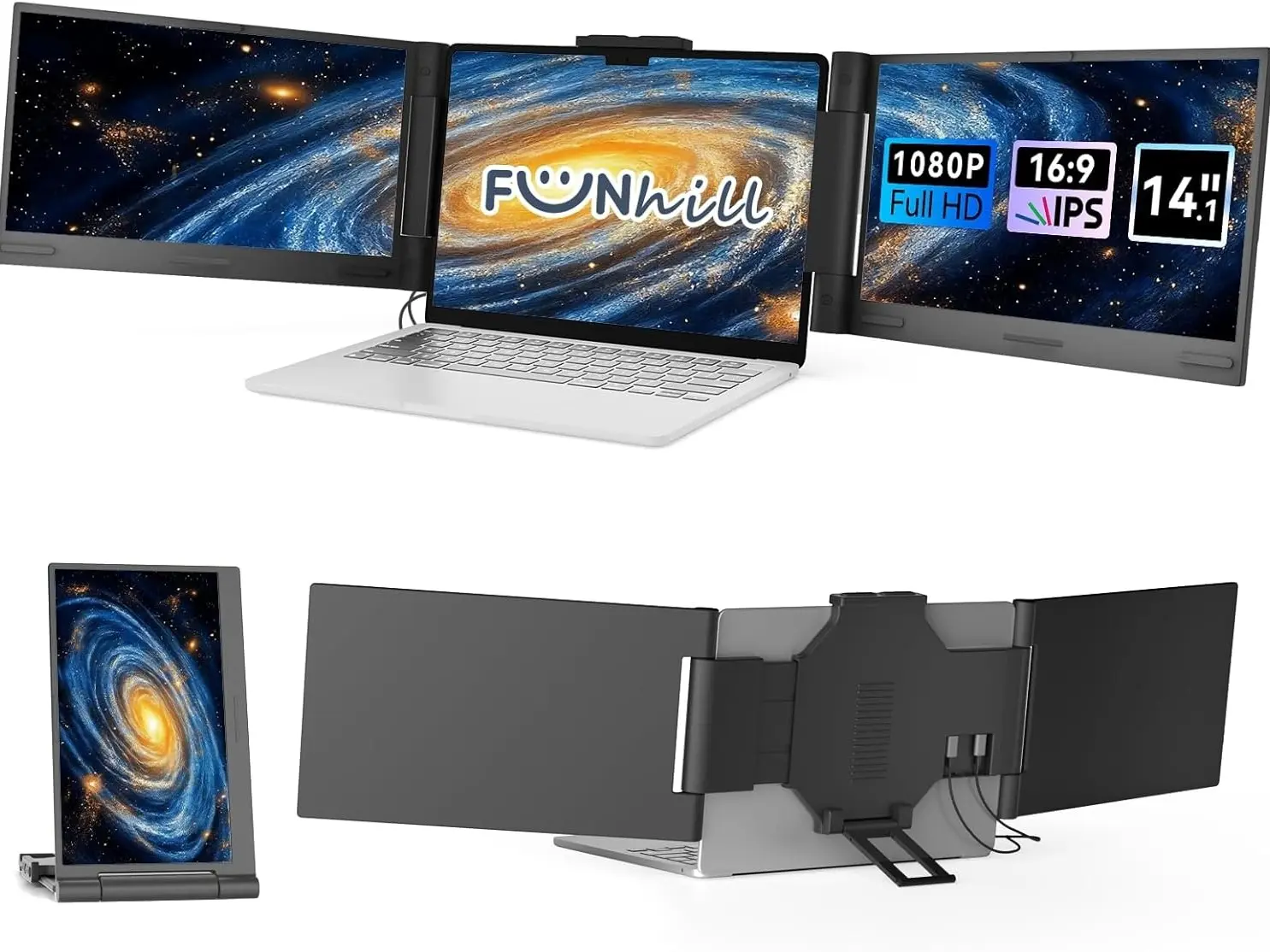 Laptop Screen Extender 14 inch Laptop Monitor Extender 1080P IPS, Triple Portable Monitor for Laptops 13-17.3" with USB-C DP/HDMI Port, Plug-Play Portable Screen for Windows/Mac/Chrome/Android