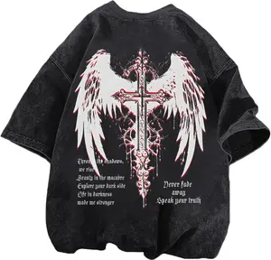 Gothic Cross Y2k Graphic Tees Vintage Goth Punk Shirts for Men Streetwear Acid Washed T-shirts Menswear