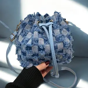 Soft Designer Leather Three-Strap Bucket Bag, Mini Denim Bucket Bag with Raw Hem – Lightweight Adjustable Drawstring Shoulder Purse for Shopping & Casual Style