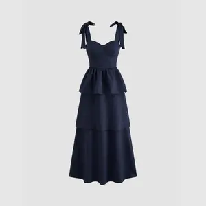 Cider [2 colors, size 0-10] Jacquard Scoop Neckline Solid Bowknot Layered Maxi Dress