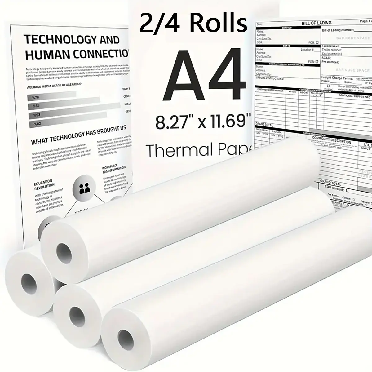 2/4 Rolls A4 Thermal Paper, Quick Drying 21x29.6 Cm, Portable Size, Thick Glossy, Durable, High Quality Paper, Suitable for Portable Devices, Compatible Use, Smooth Printing, Enhanced Clarity, Standard Paper