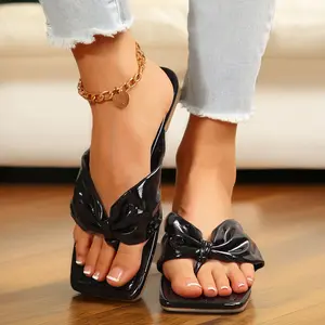 Women's Summer Clip Toe Thong Sandals Beach Slippers Ruched Strap Flat Sandals Slip On Square Toe Flip Flops Sandals