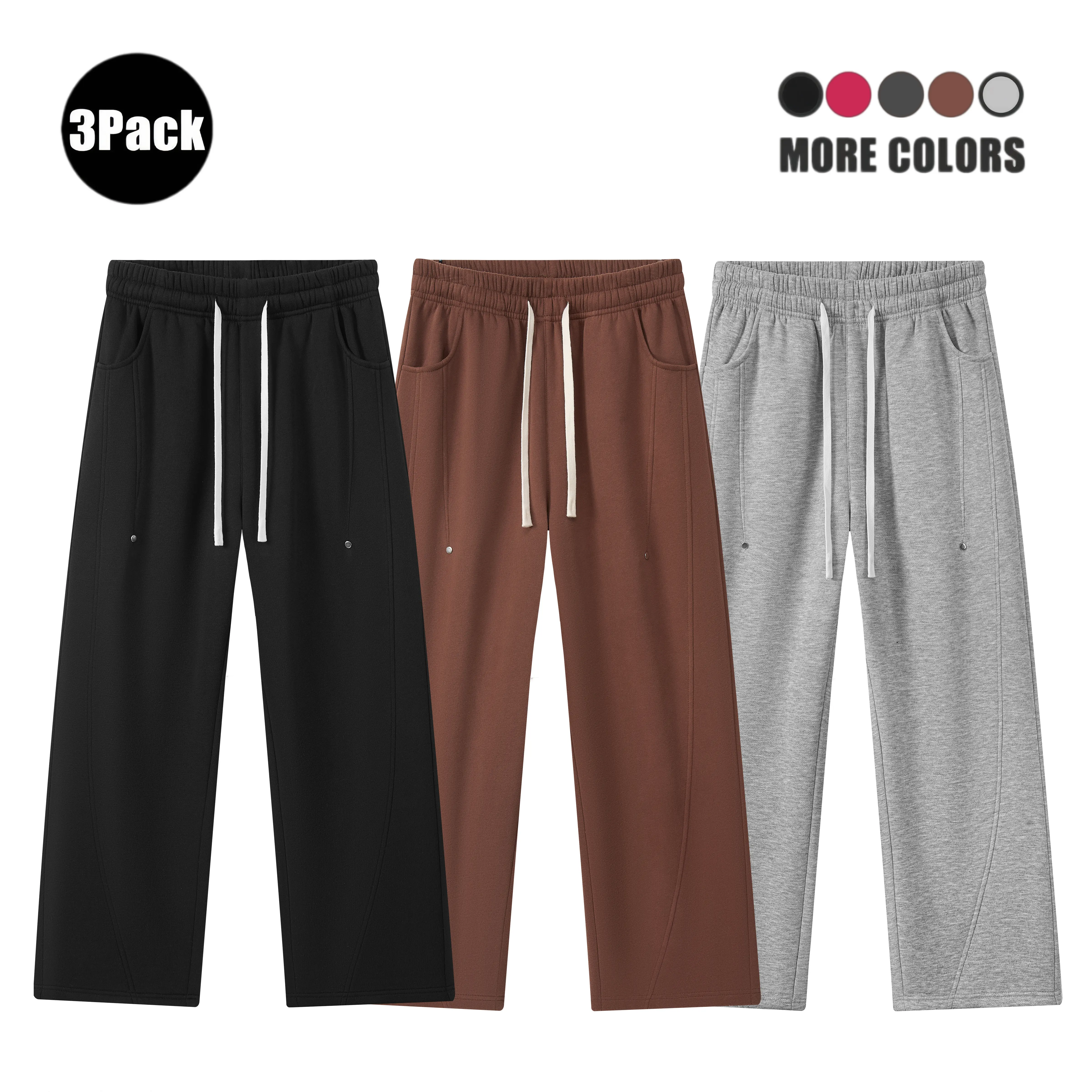 Men's 3-Pack Casual Cotton-Poly Fleece-Lined Straight-Cut Loose-Fit Sweatpants, Drawstring Waist Solid Regular Size Soft Athletic Joggers for Lounging, Running