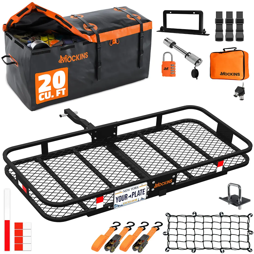 Mockins Metal Foldable Rear Hitch Cargo Carrier Set (60"x20"x6") - 500 lbs Capacity Car Accessory, 20 Cu.Ft. Orange Cargo Bag with Side Handles, 3 Buckle Straps, Reflective Strips, Storage Bag, License Plate Holder, 5-Year Limited Warranty Accessory Kit