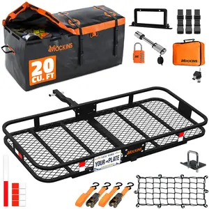 Mockins 60"x20"x6" Rear Hitch Cargo Carrier Set | Folding Hitch Rack with 20 Cu.Ft. Orange Cargo Bag and Accessories