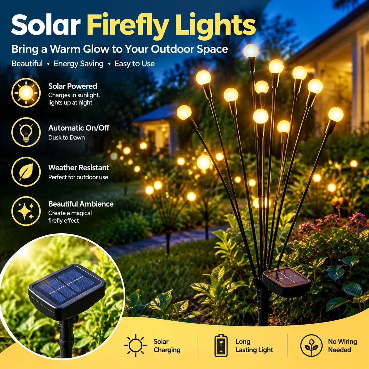 Solar LED Firefly Ground Plug Lights, IP65 Waterproof Solar Post Lights, Outdoor Decorative Landscape Lighting for Garden, Patio, Yard & LawnB002