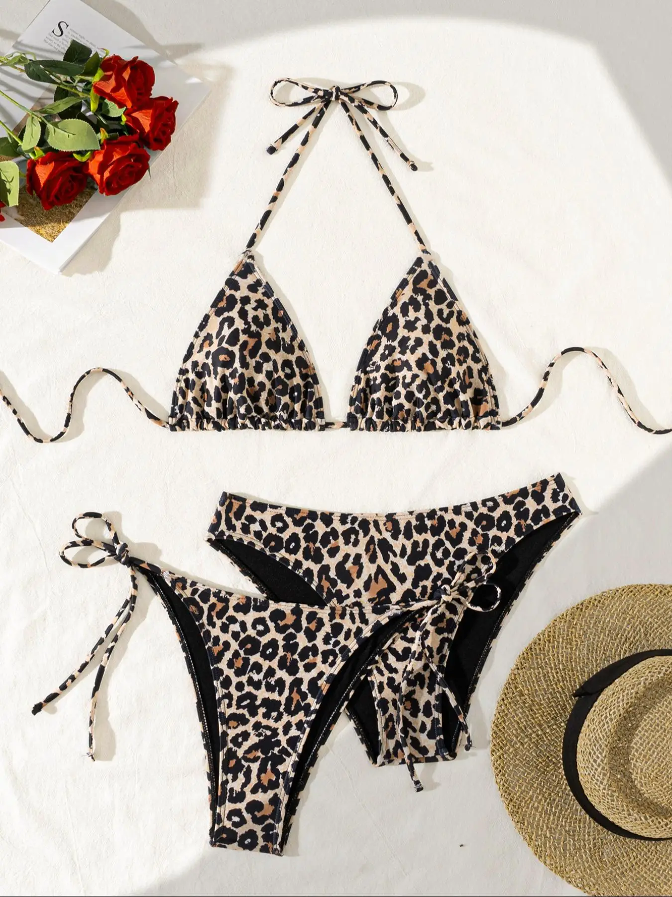 Three-piece Set Women's Leopard Print Halter Bikini Set, Chic Drawstring Swim Top & High Cut Swim Bottom Set, Fashion Women's Swimsuit for Beach Holid