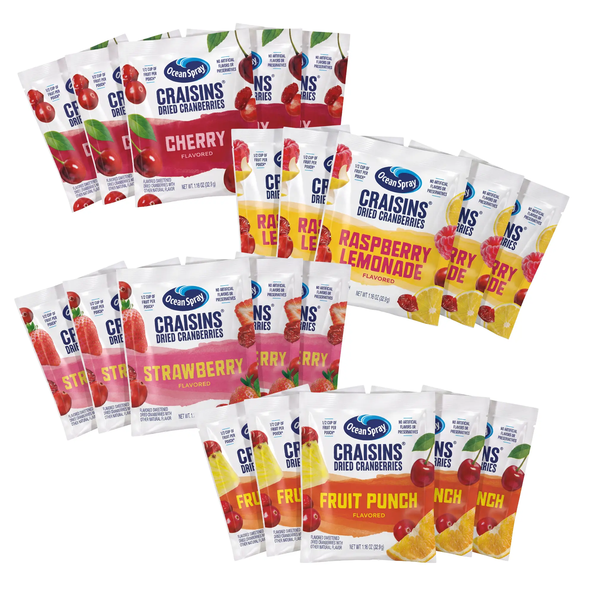 Ocean Spray Craisins Individual To-Go Packs, Variety Includes Fruit Punch, Strawberry, Cherry and Raspberry Lemonade, 20 Count