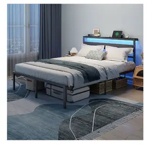 Furologee Queen Bed Frame with LED Light and Charging Station Metal Frame with Upholstered Headboard Large Storage Space No Box Spring Needed