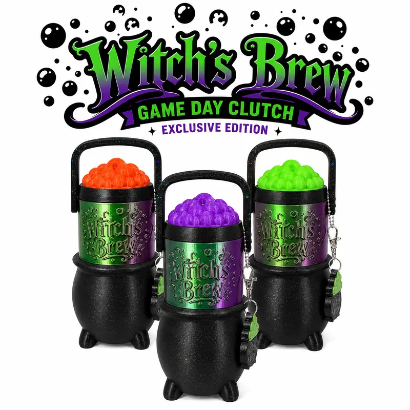 Witch's Brew Reusable Game Day Beverage Clutch Can Holder - Lightweight, Thick, Handmade, 3D Printed Glow-in-the-Dark Bubble Lid, Matching Cauldron Can Opener Keychain (3 Can Sizes) Halloween Whimsical Gift for Horror Lovers