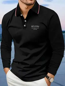 Men's Multicolor Long Sleeve Polo Shirt, Italian Business Casual, Colorblock Embroidered Collar, Breathable Anti-Wrinkle Fit, Tops