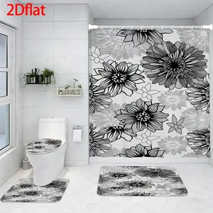 4-Piece Bathroom Sets Full Set Black and White Floral Pattern Four-Piece Curtain Set Elegant Decor Shower Bath funny Accessories U-Shaped floor Seat Cover Cushion Toilet Lid Rug Carpet Non-Slip  Shape Mat Gifts Style toilet waterproof