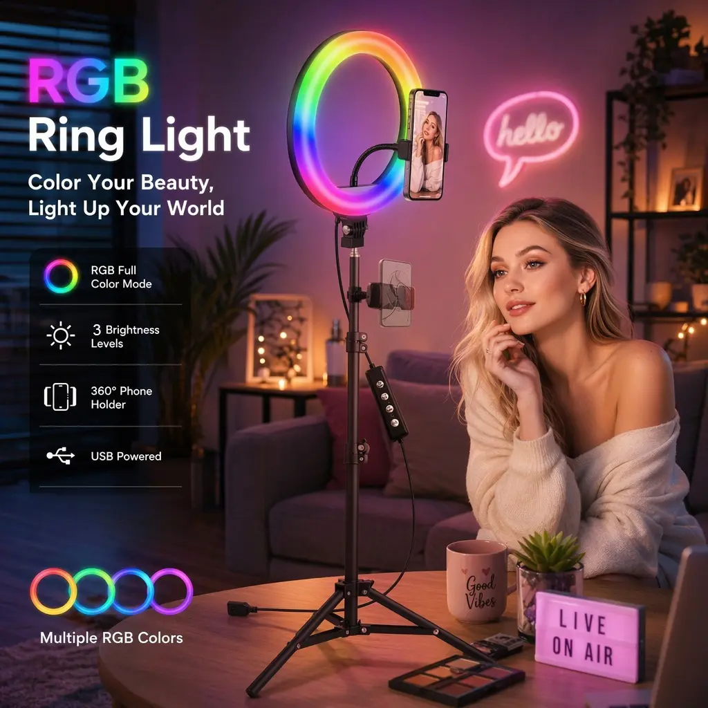 10" Ring Lights with 63" Tripod and Phone Holder,Selfie Ring   light tripod   with Various RGB Color Modes,Circle Lighting 3-in-1 Desk & Floor Use for iPhone, Zoom Call, YouTube, Live Streaming makeup tutorial#tiktokshopbacktoschool